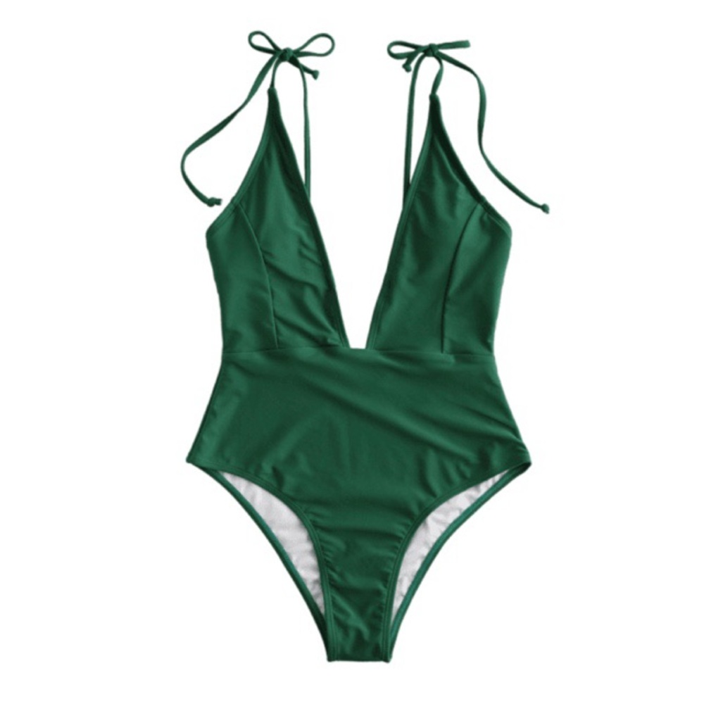 Deep plunge neck, backless, 1pc - Swimsuit - GREEN